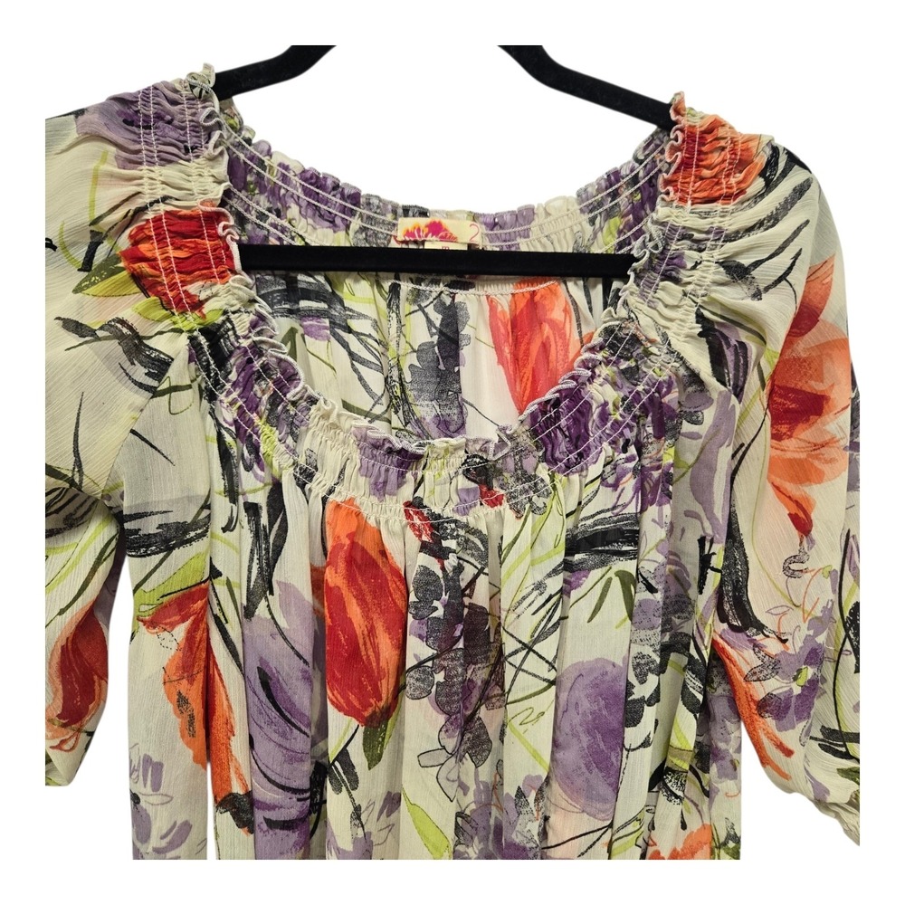 Forever 21 Floral Smocked Chiffon Blouse Womens M Multicolor Boho 3/4 Sleeve